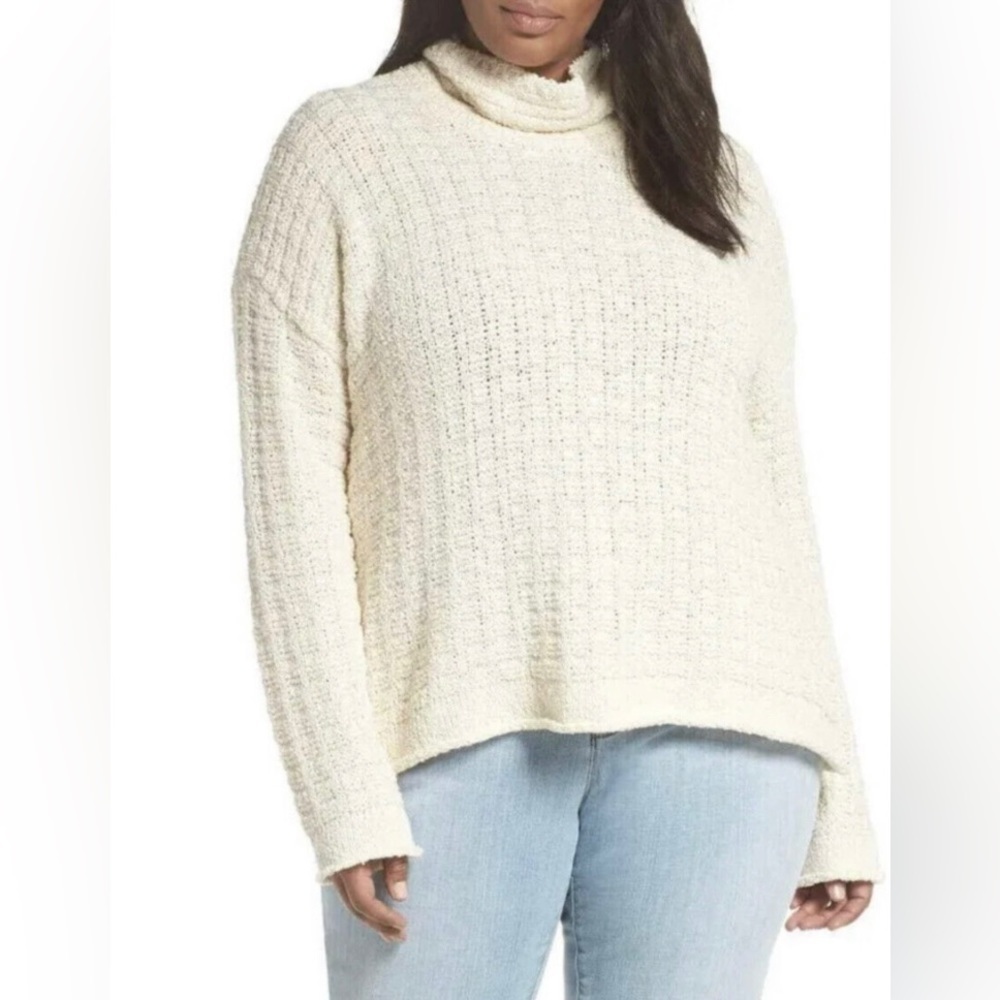 Eileen Fisher sweater Organic Cotton funnel neck textured woven pullover large
